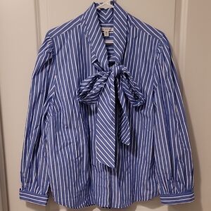 Blue and White Striped Blouse with Bow